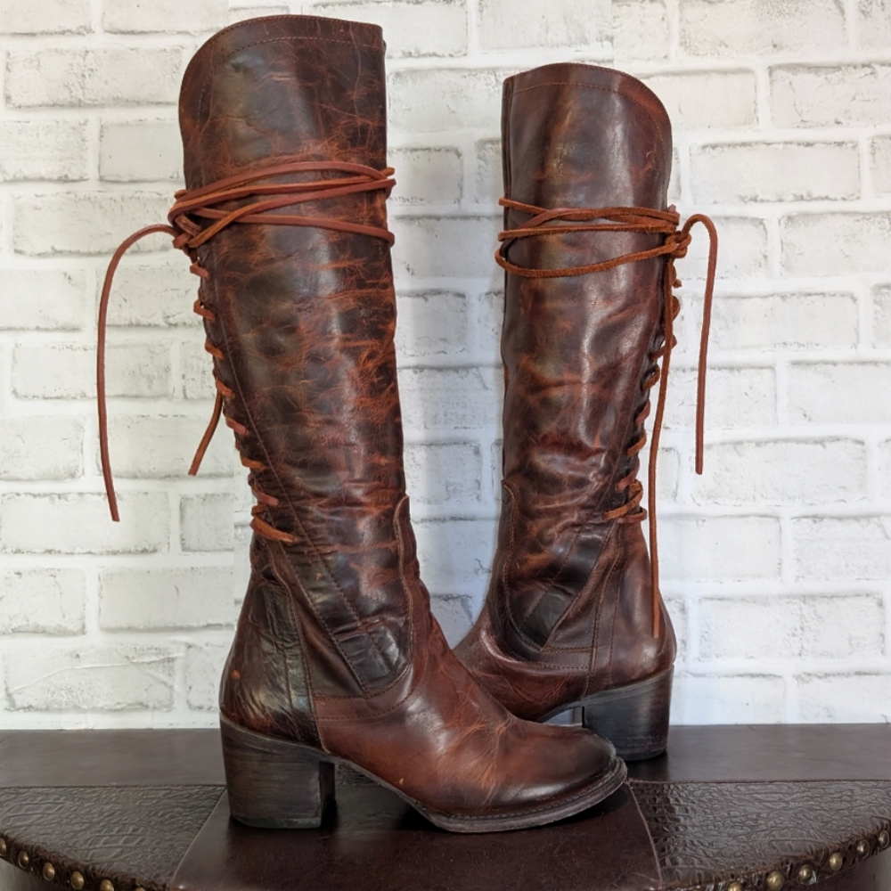 FreeBird By Steven COSMO Cognac Distressed Leather Back Lace Up Corset Boots 9 - Picture 2 of 13